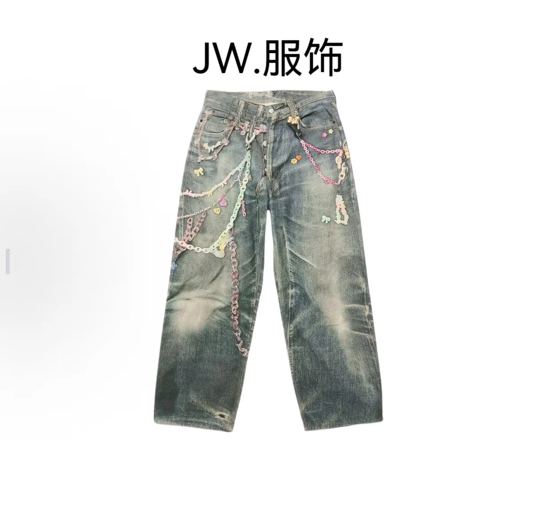 【JW.】AC~糖果链条宽松拖地牛仔弯刀裤美式高街牛仔裤