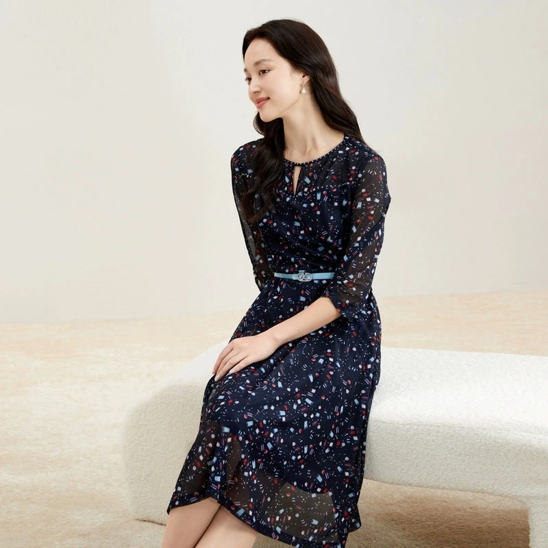 【汽水星空】25夏季新款沙罗印花圆领7分袖正肩收腰裙女中长连衣裙