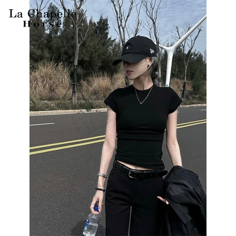 拉夏贝尔黑色正肩短袖T恤女夏季修身显瘦独特别致紧身短款上衣潮