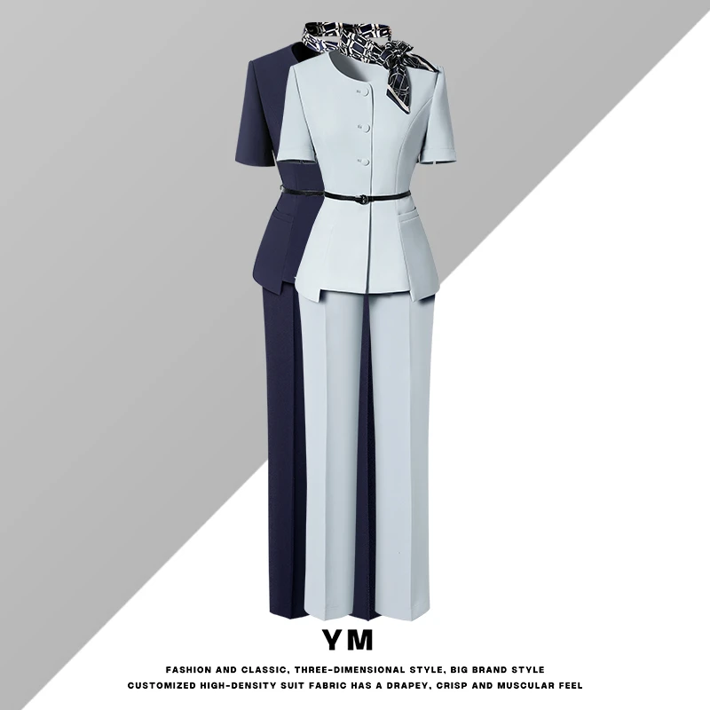 职业西装套装女夏季时尚OL灰蓝色短袖薄款轻奢西服外套前台工作服