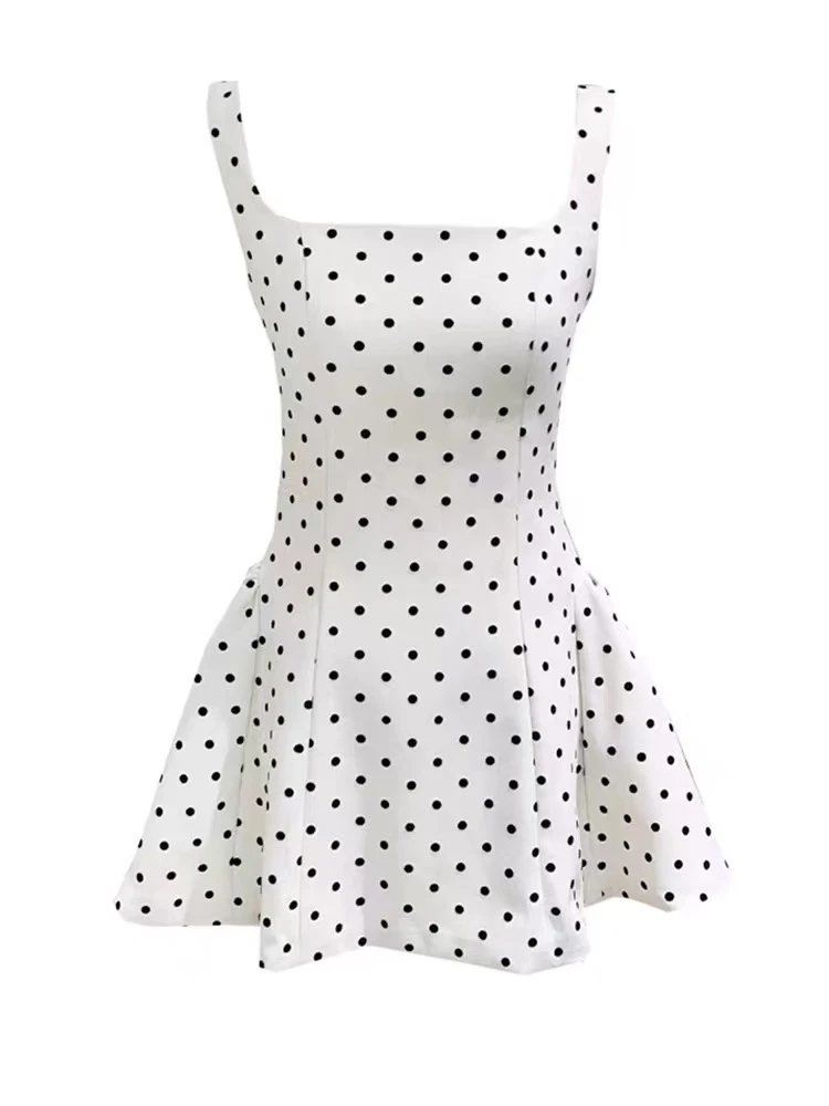 小个子蓬蓬裙波点连衣裙方领吊带裙法式初恋小白裙清纯收腰裙子