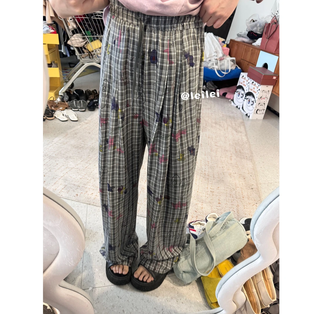 晶咕【松弛配方】美式涂鸦印花格纹高腰阔腿休闲裤宽松洋气