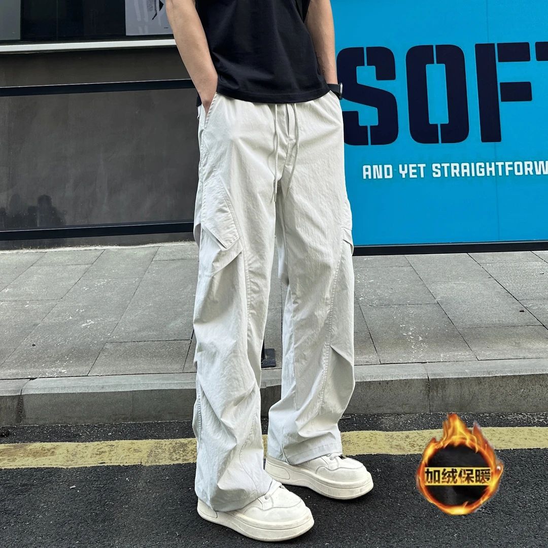 QUALCOMM秋冬新款皱感加绒休闲裤男女款潮流美式户外直筒工装裤子
