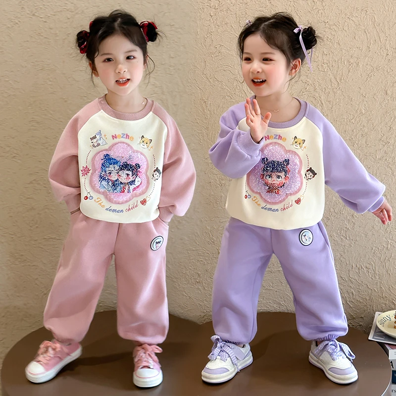 女童哪吒敖丙服装套装春秋款新款儿童洋气翻转亮片卫衣休闲两件套