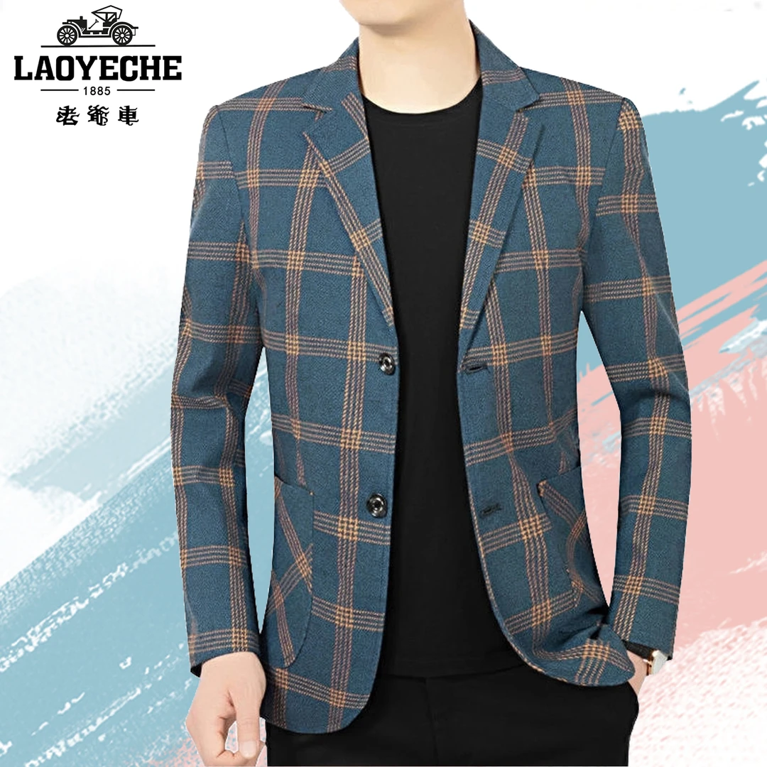 老爷车正品男士休闲西服上衣春秋新款格子洋气小西装薄款韩版单西