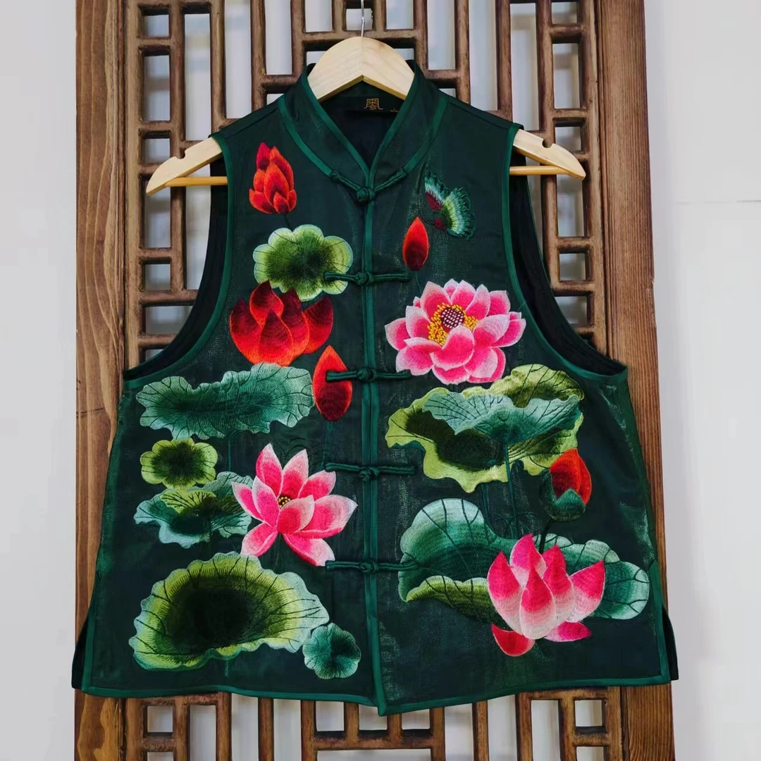 凤徕兮私人定制绿底荷花荷叶刺绣小立领盘扣马甲HM101048