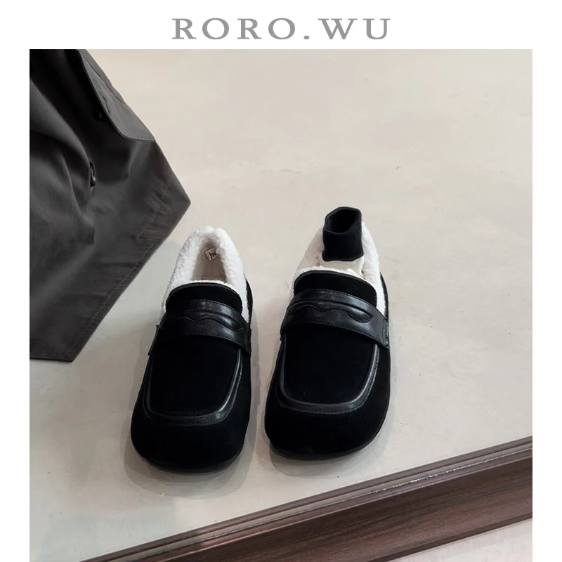 娆娆吴·复古百搭磨砂牛皮加绒保暖小皮鞋冬季新款粗跟乐福鞋女X10