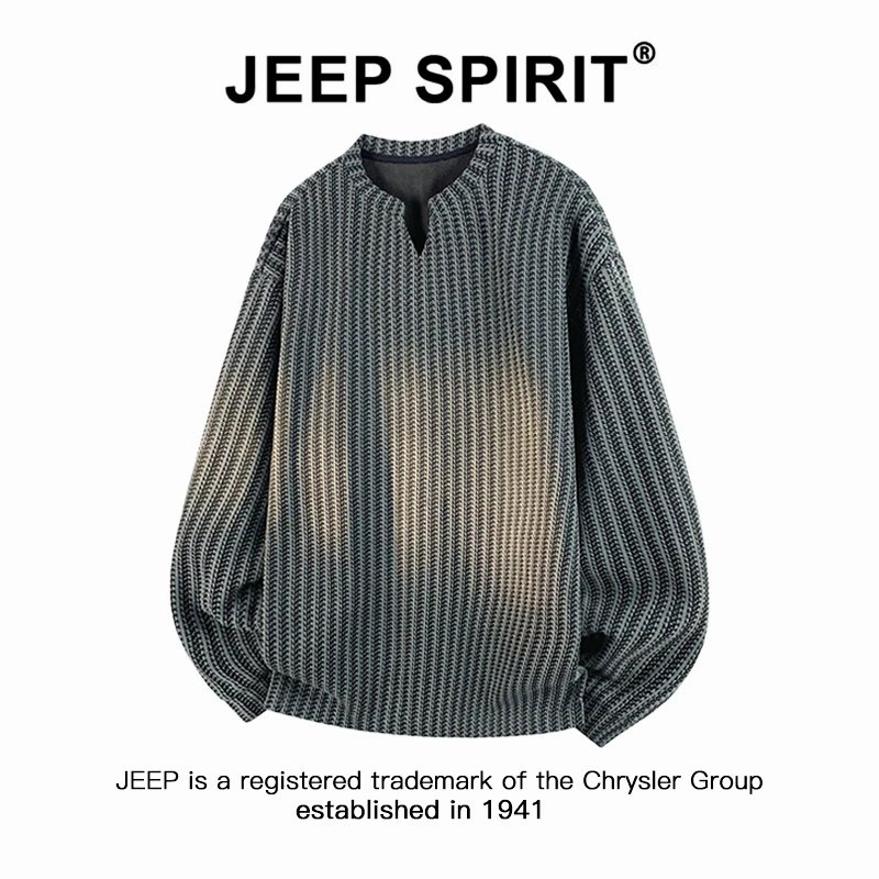 Jeep鱼骨纹V领长袖T恤男士春秋美式休闲松驰感条纹拼色大码打底衫