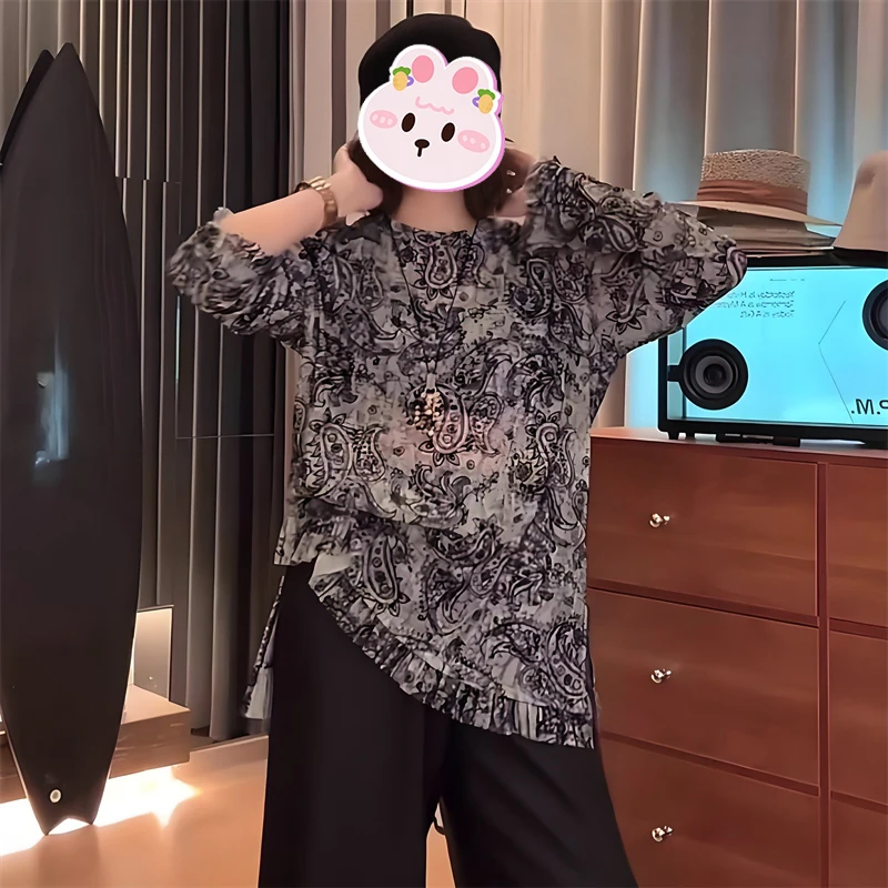 腰果印花长袖T恤女2025秋季新款宽松遮肉显瘦时尚设计感打底衫潮