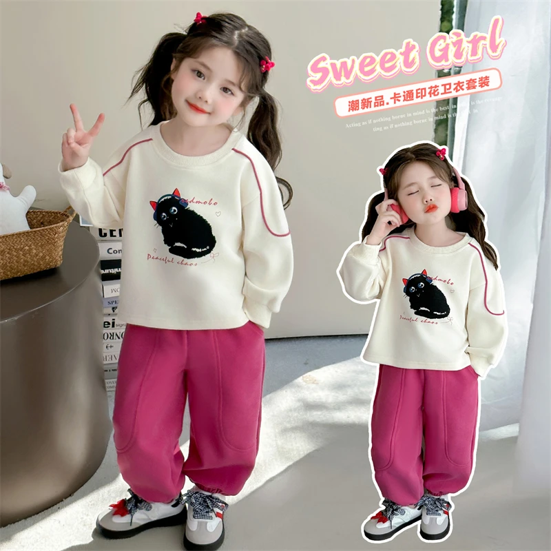 女童套装秋季新款时尚洋气猫咪印花套装90-140（价格已开）