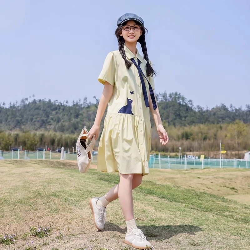 初中生连衣裙夏季薄款2025新款少女宽松洋气卡通印花高中学生裙子