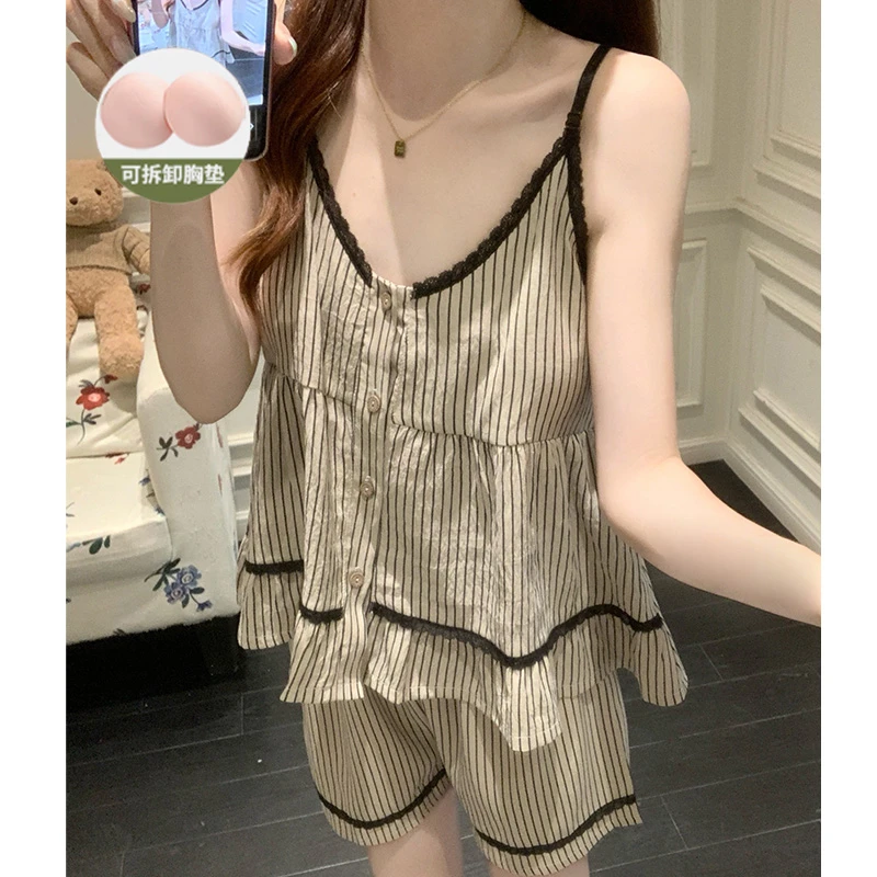 法式性感吊带睡衣女夏季薄款2025新款带胸垫棕黑条纹夏天女士家居