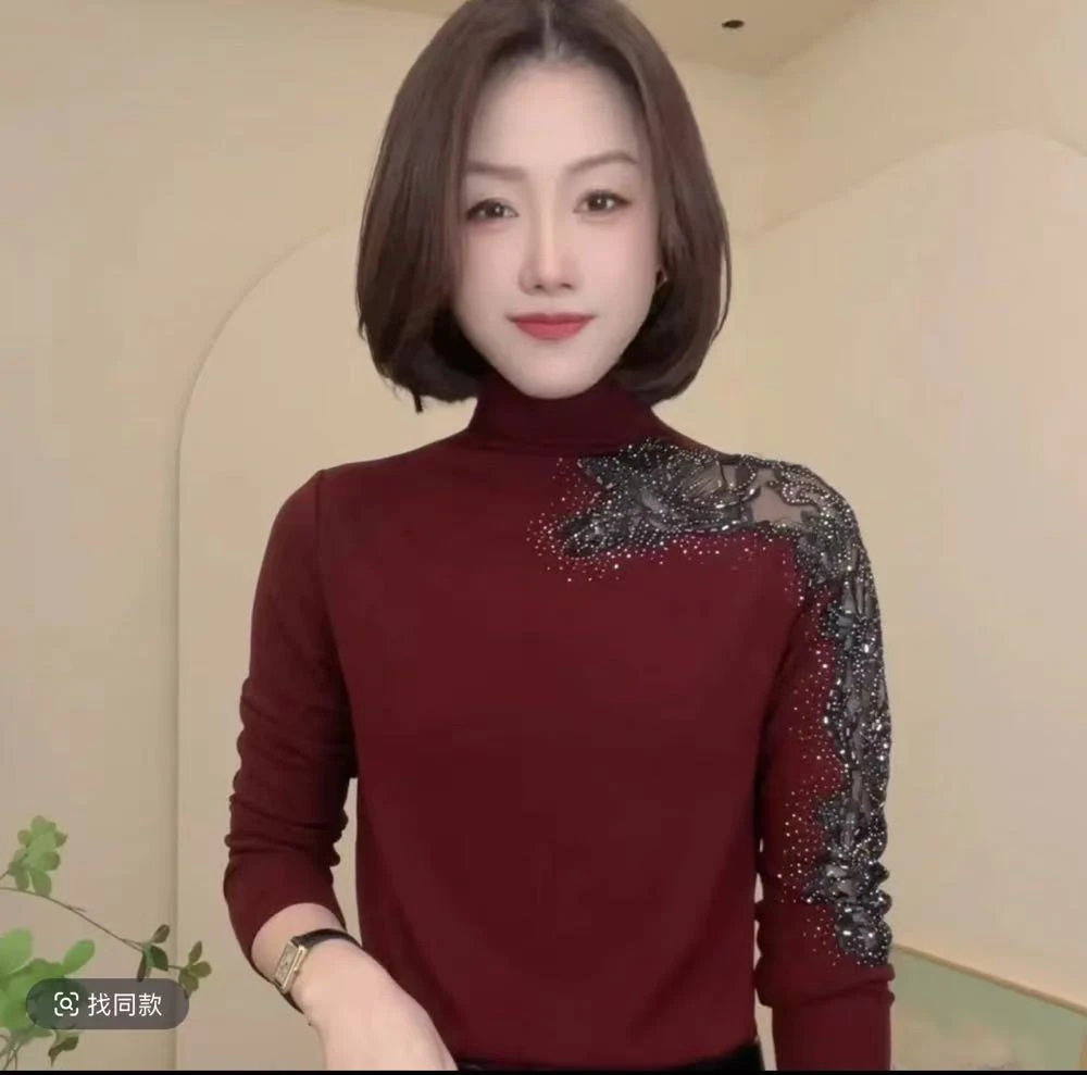 冬季新款烫钻镂空时尚百搭长袖女士上衣简约修身小衫