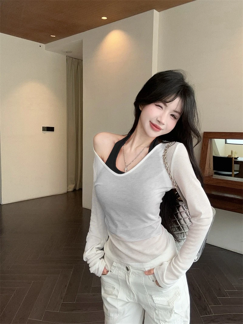 纯欲甜辣妹v领上衣女夏季薄款防晒罩衫挂脖吊带叠穿两件套多巴胺