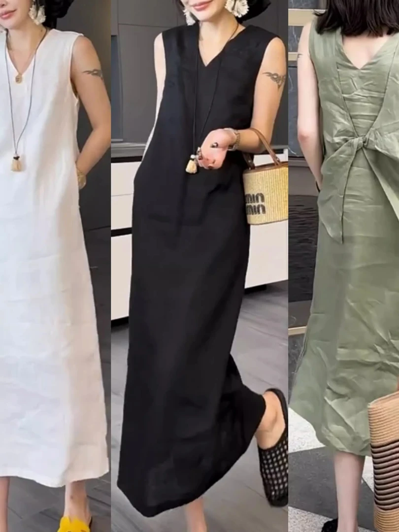 夏季新款薄款轻奢时尚蝴蝶结气质连衣裙棉麻宽松显瘦洋气减龄裙子