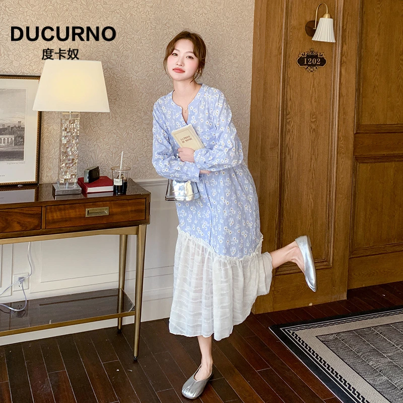 网纱拼接长袖洋装女装春秋2025新款法式温柔风甜美减龄初恋碎花裙