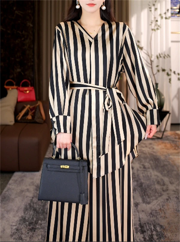 高端私服丨素雅美人丨早春夏季撞色竖条纹V领宽松两件套装-3256#