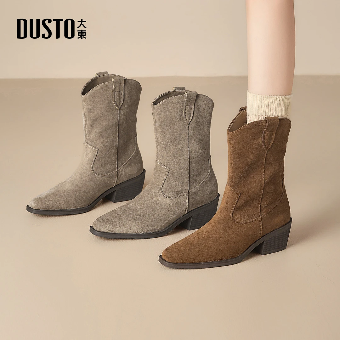 大东女鞋尖头高跟短靴2025秋冬加绒美拉德显瘦百搭粗跟靴子女0112