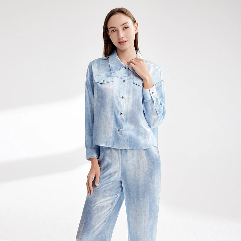 【漫步都市】2025新款100%桑蚕丝长袖长裤睡衣套装家居服84011912