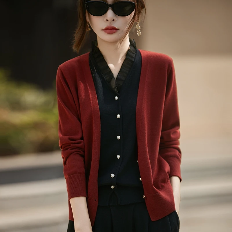 精纺超细羊毛简约V领羊毛开衫百搭时尚洋气针织衫女 假两件打底衫