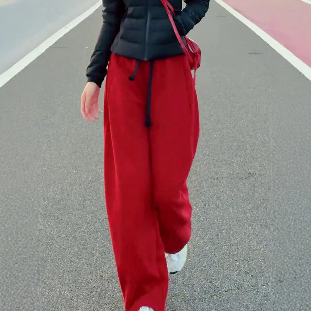 秋冬卫裤女士直筒阔腿裤2025新款松紧腰高腰垂感高级感宽松休闲裤