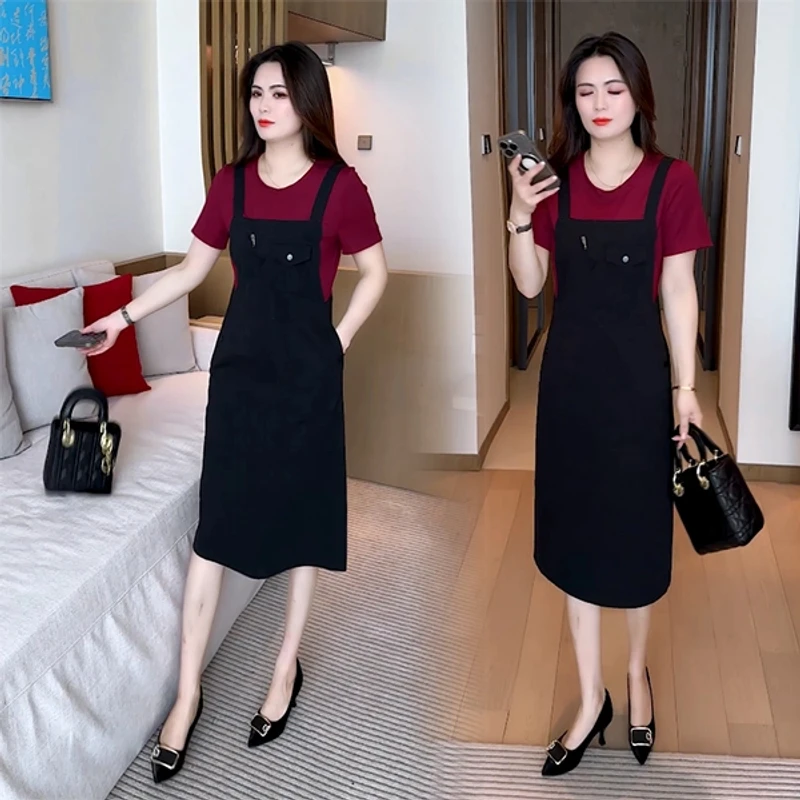 夏季新款时尚穿搭休闲气质洋气减龄显瘦短袖连衣裙大码小个子宽松