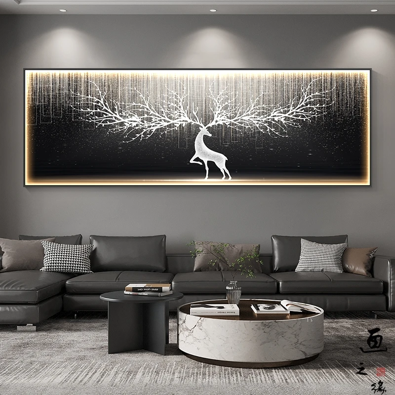 灯画发光挂画led沙发横版现代背景墙壁画轻奢一鹿卧室装饰画客厅