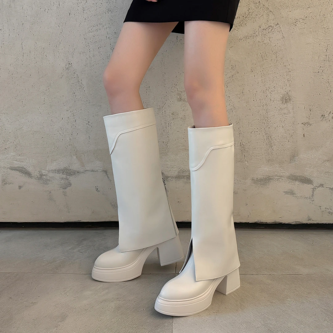 时装裤管靴2025秋冬真皮厚底10cm平口长筒靴机能风粗跟加绒高筒靴