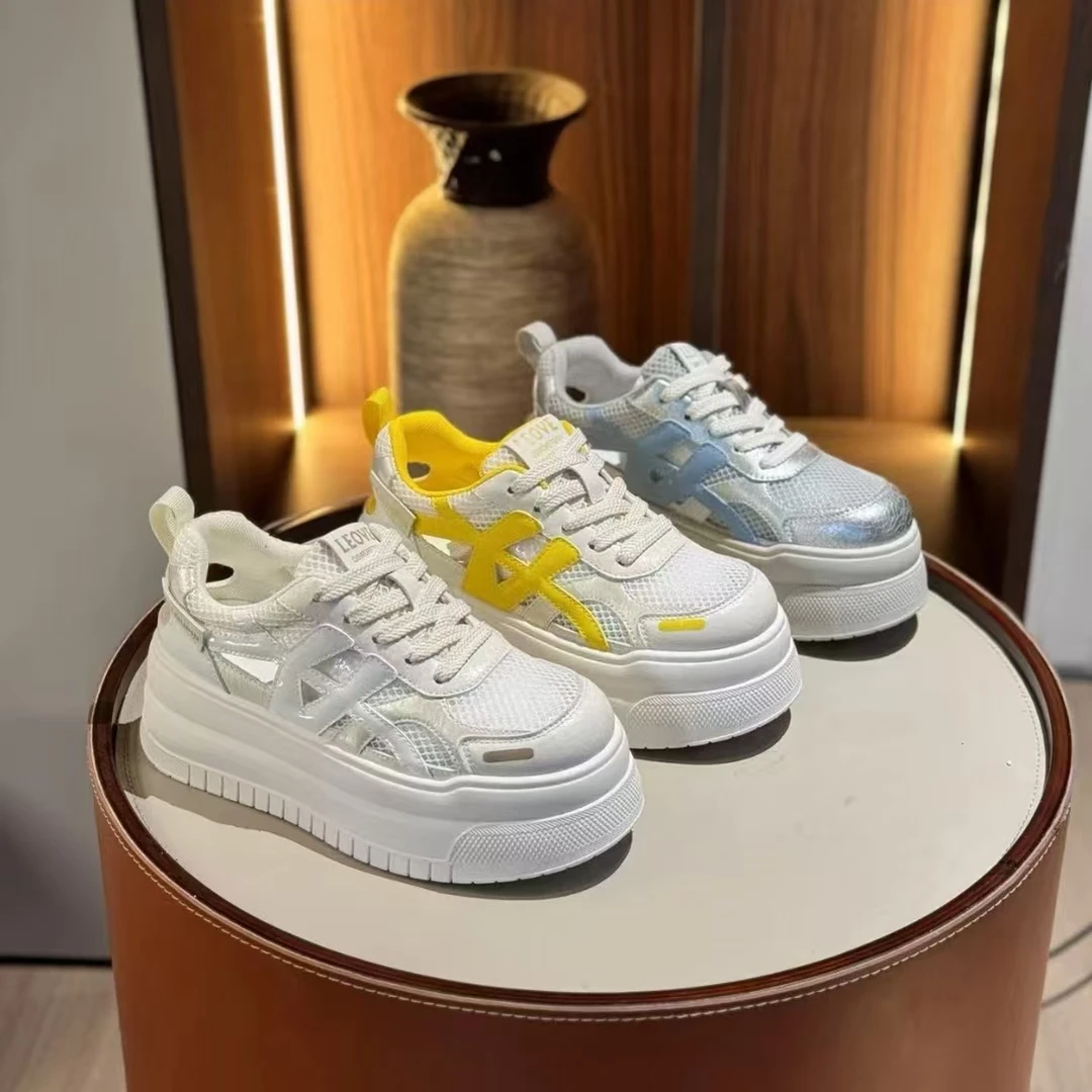 韩版小白鞋2025夏季新款网面透气真皮两穿厚底增高时尚休闲板鞋全