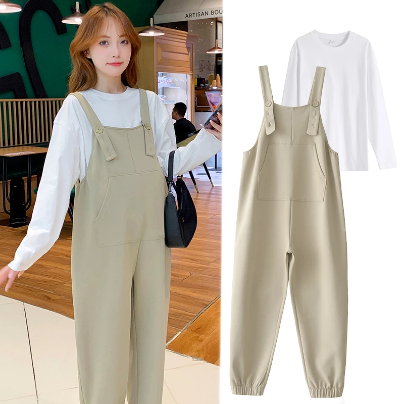 孕妇装春秋款外穿宽松大码背带裤新款白色T恤+空气层遮肚背带裤