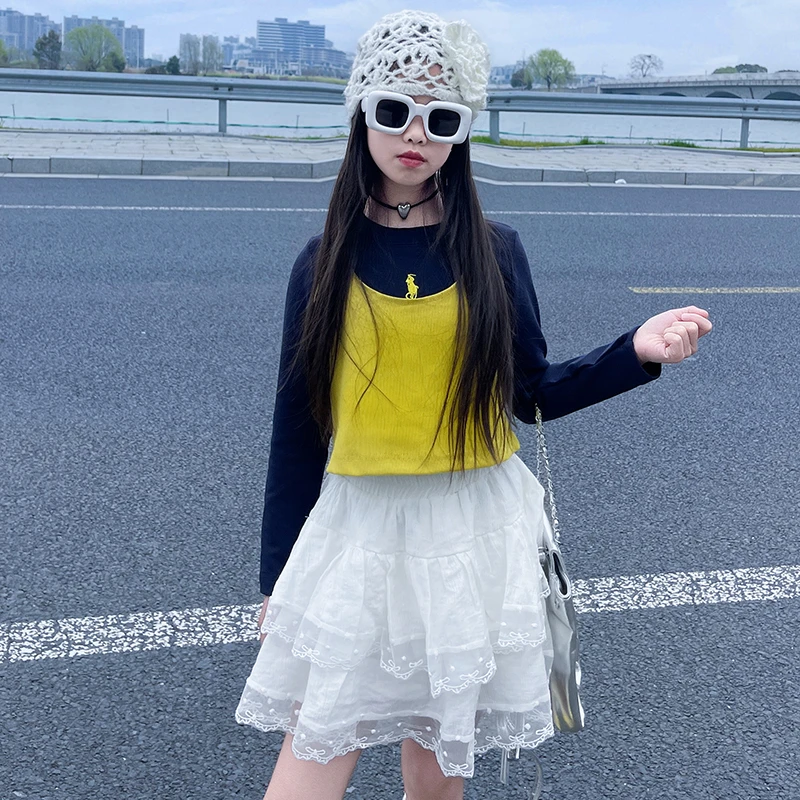 女童春夏新款洋气时髦短裙2025女孩穿搭中大童裙子蛋糕裙白色春秋