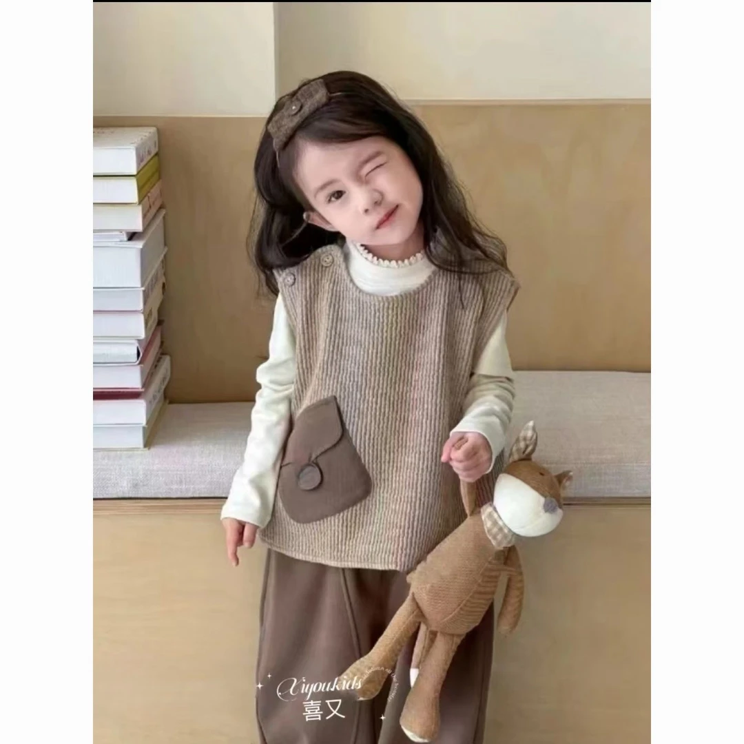 女童中小童套装2025春季新款洋气韩版马甲百搭长袖休闲裤子三件套