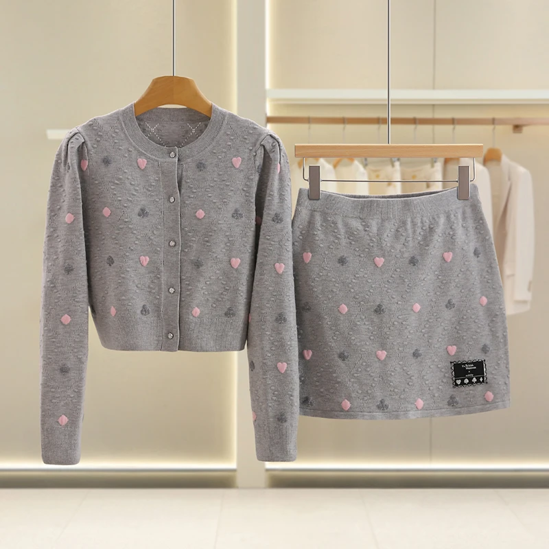 F5721-【力】提花开衫松紧腰包臀针织短裙两件套#VOS58T002