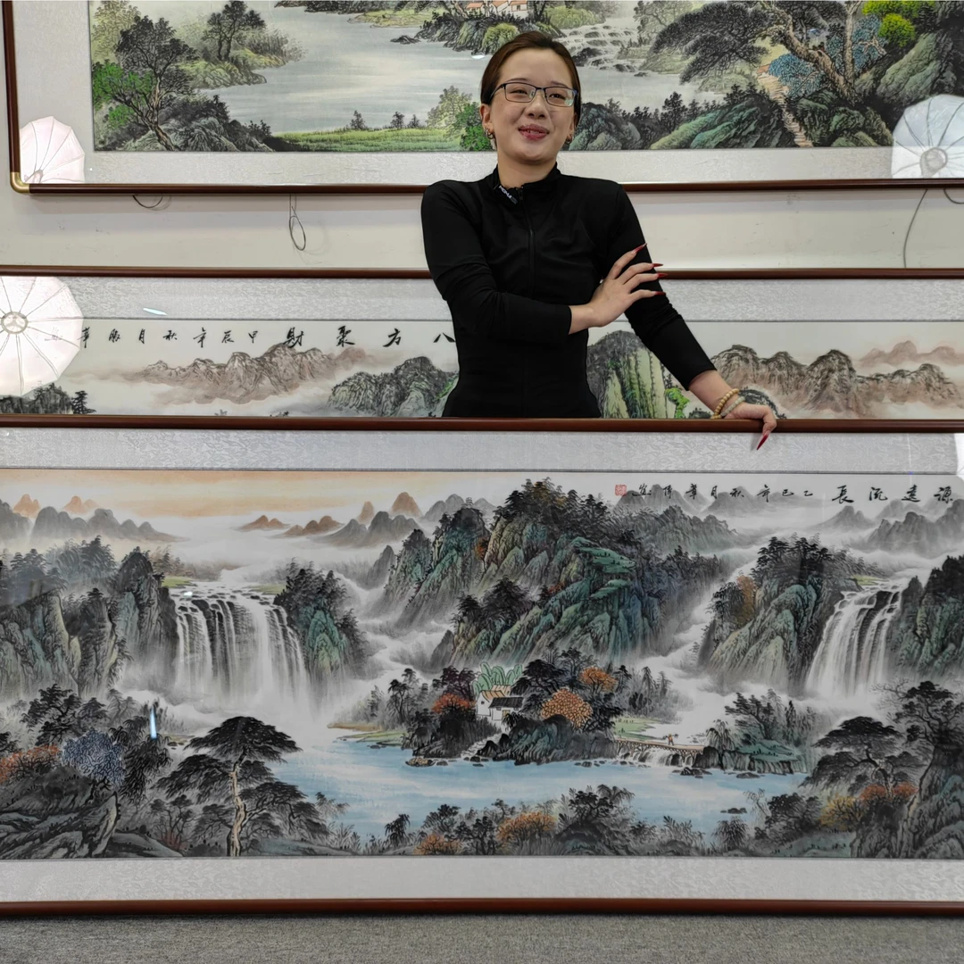 纯手绘源远流长208*86山水画中国画字画直播间