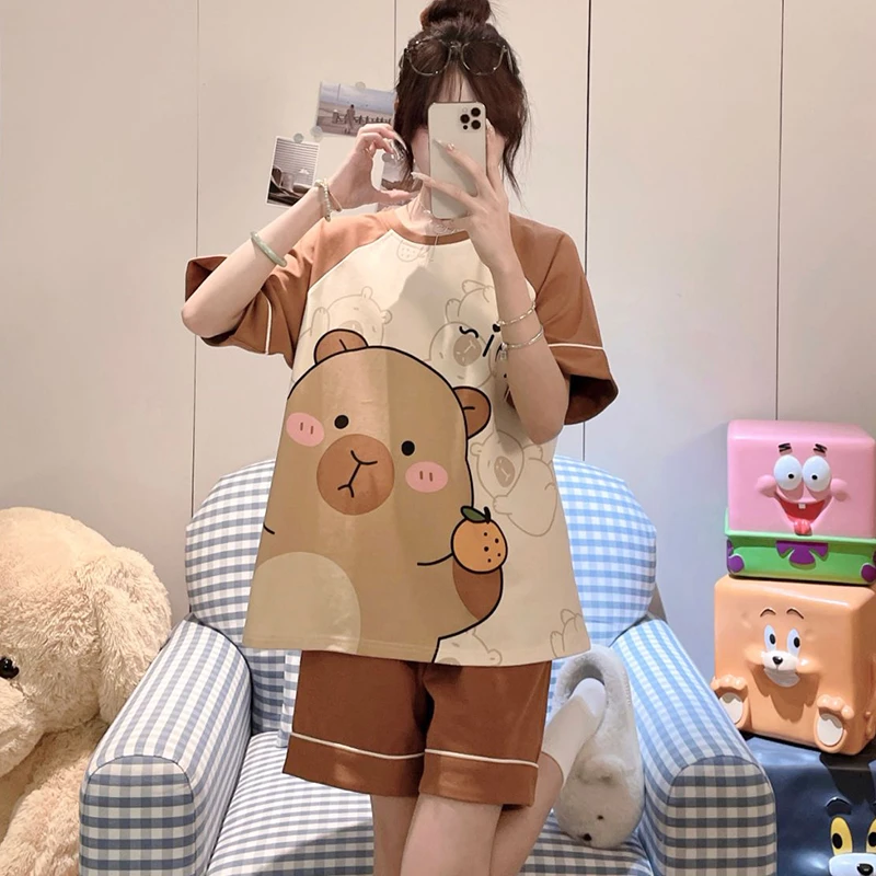 儿童睡衣女孩2025新款夏季薄款纯棉短袖女童卡皮巴拉夏天大童套装