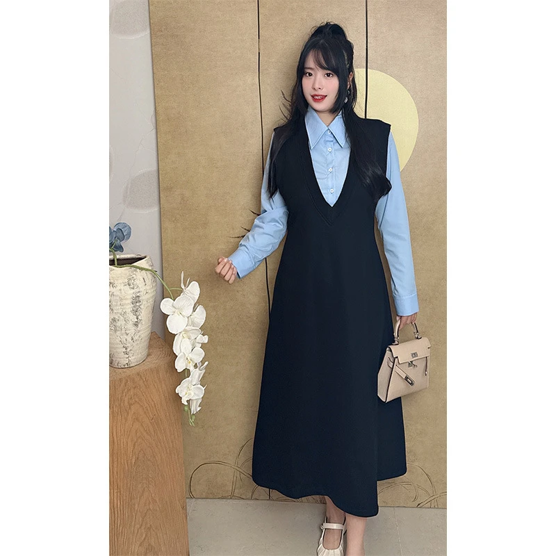 38083假两件大码连衣裙女春秋季2025新款微胖大码显瘦长袖裙子