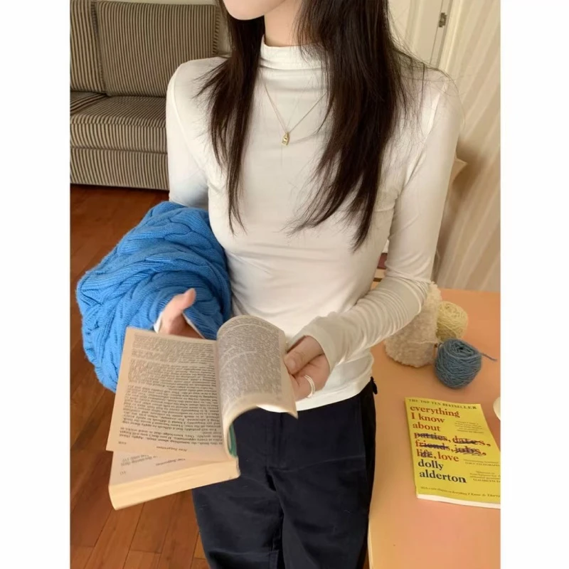 正肩长袖t恤女纯色半高领百搭秋冬修身显瘦简约基础款内搭打底衫