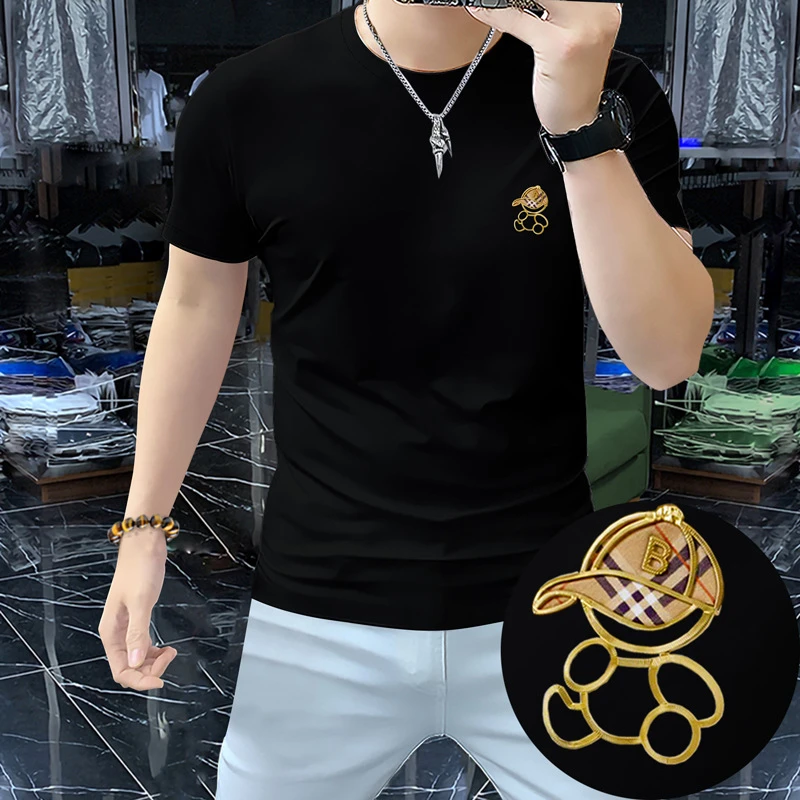 2025男士夏季丝光棉短袖t恤休闲时尚压花修身潮流圆领网红款男装