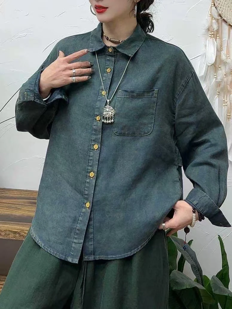 Yiwen【竹园】文艺女装春季新款亚麻长袖衬衫宽松舒适上衣休闲1026