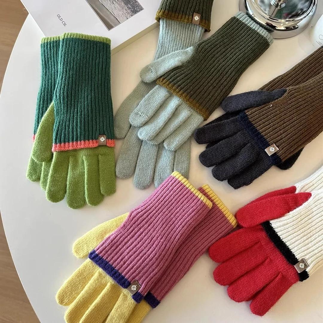 2025新款韩版拼色百搭保暖针织手套秋冬季女士高级感骑行防风护手
