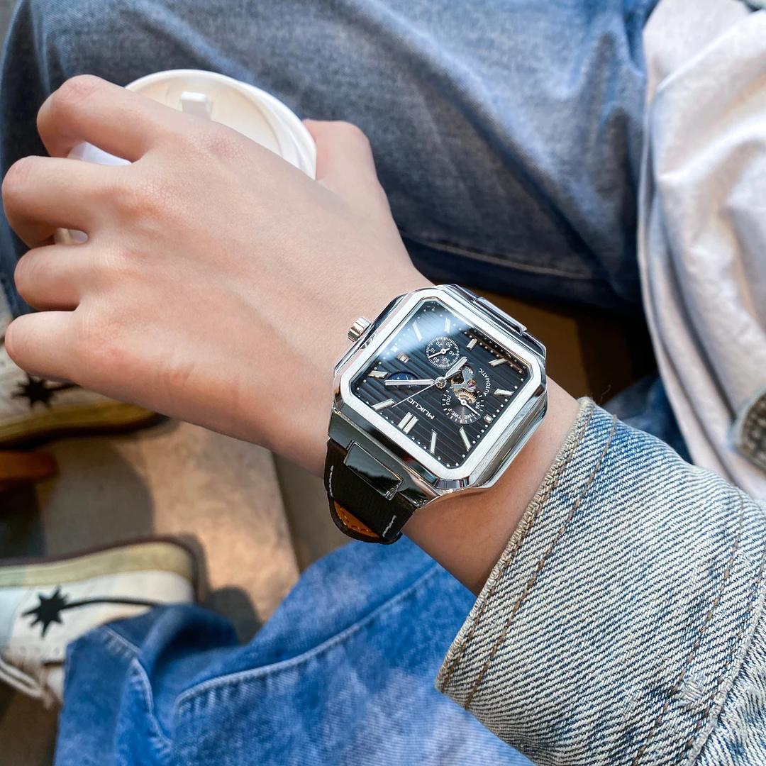 25新款商务方形防水夜光月相全自动男士鹦鹉螺机械轻奢手表