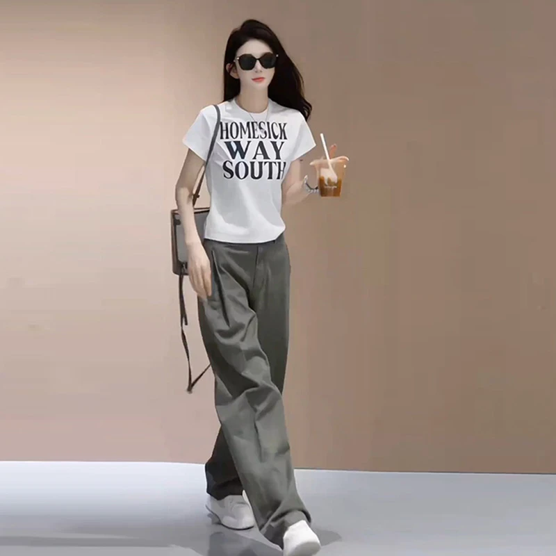 美式时尚字母印花短袖T恤女2025夏工装复古直筒休闲减龄两件套ins