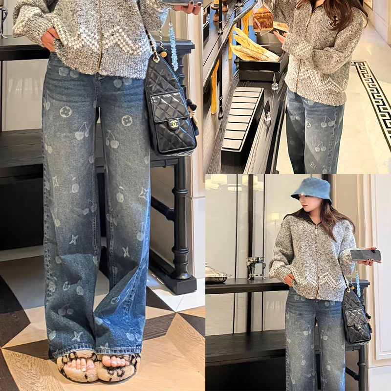 2025秋季新款高腰提花蓝色直筒牛仔裤女宽松百搭休闲垂感拖地长裤