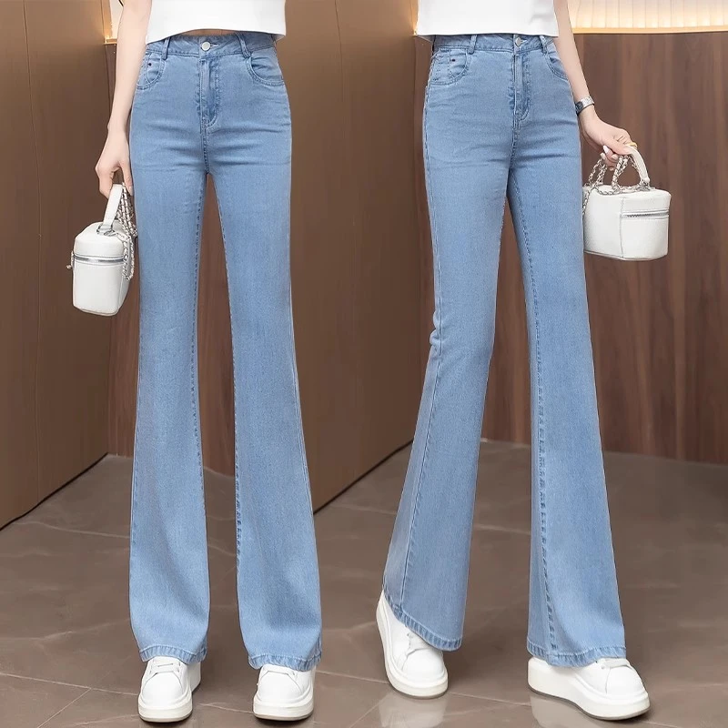 微喇牛仔裤女2025新款夏季薄款高腰复古弹力修身显瘦天丝拖地裤子