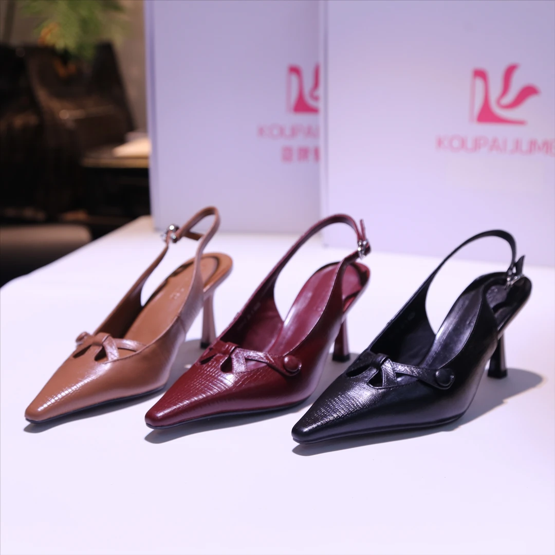 【蔻牌女鞋】6.5cm凉鞋夏季新款时尚尖头百搭气质凉鞋细跟真皮凉鞋