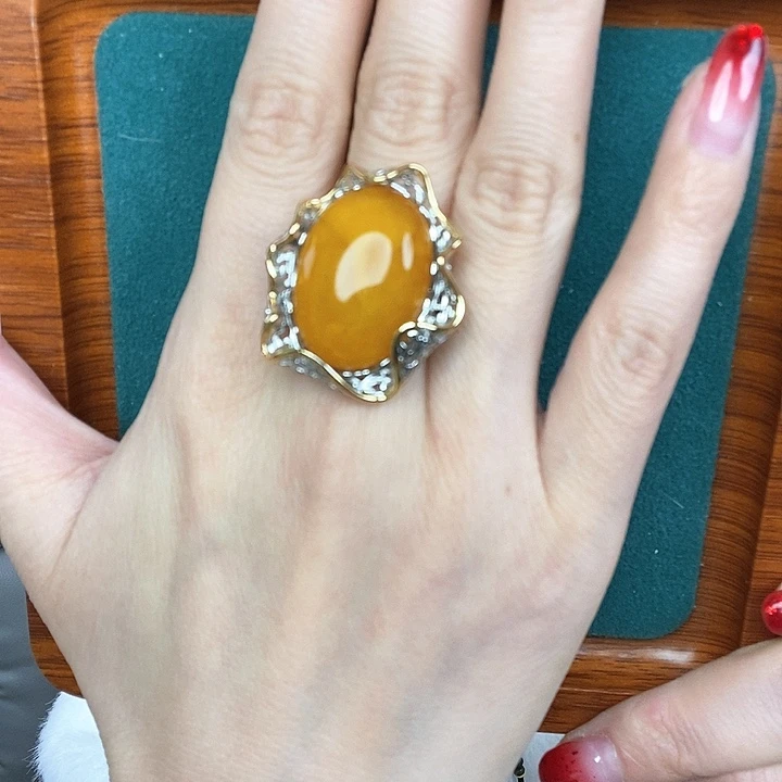 蜜蜡戒指银S925镶嵌戒指