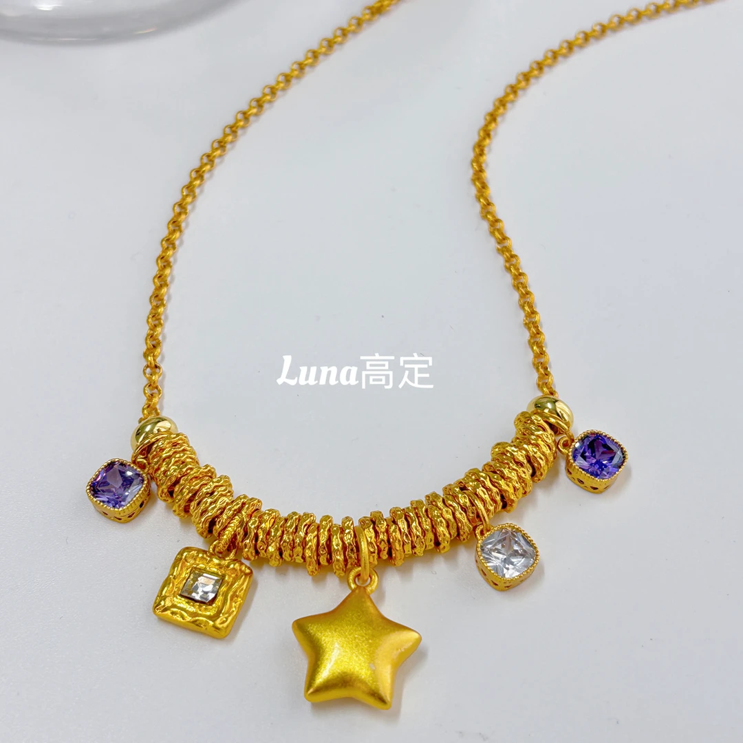 铜合金合成锆石项链 Luna定制0496古法五角紫锆石时尚项链