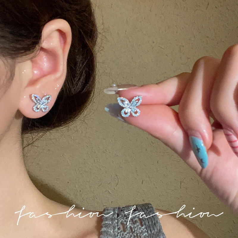 非金属锆石耳饰 蝴蝶仙子满钻镂空锆石小耳钉精致细节感法式优雅