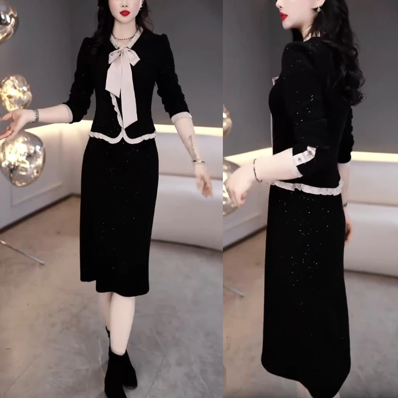 秋季小香风时尚洋气收腰遮肚显瘦中长款假两件连衣裙2520#