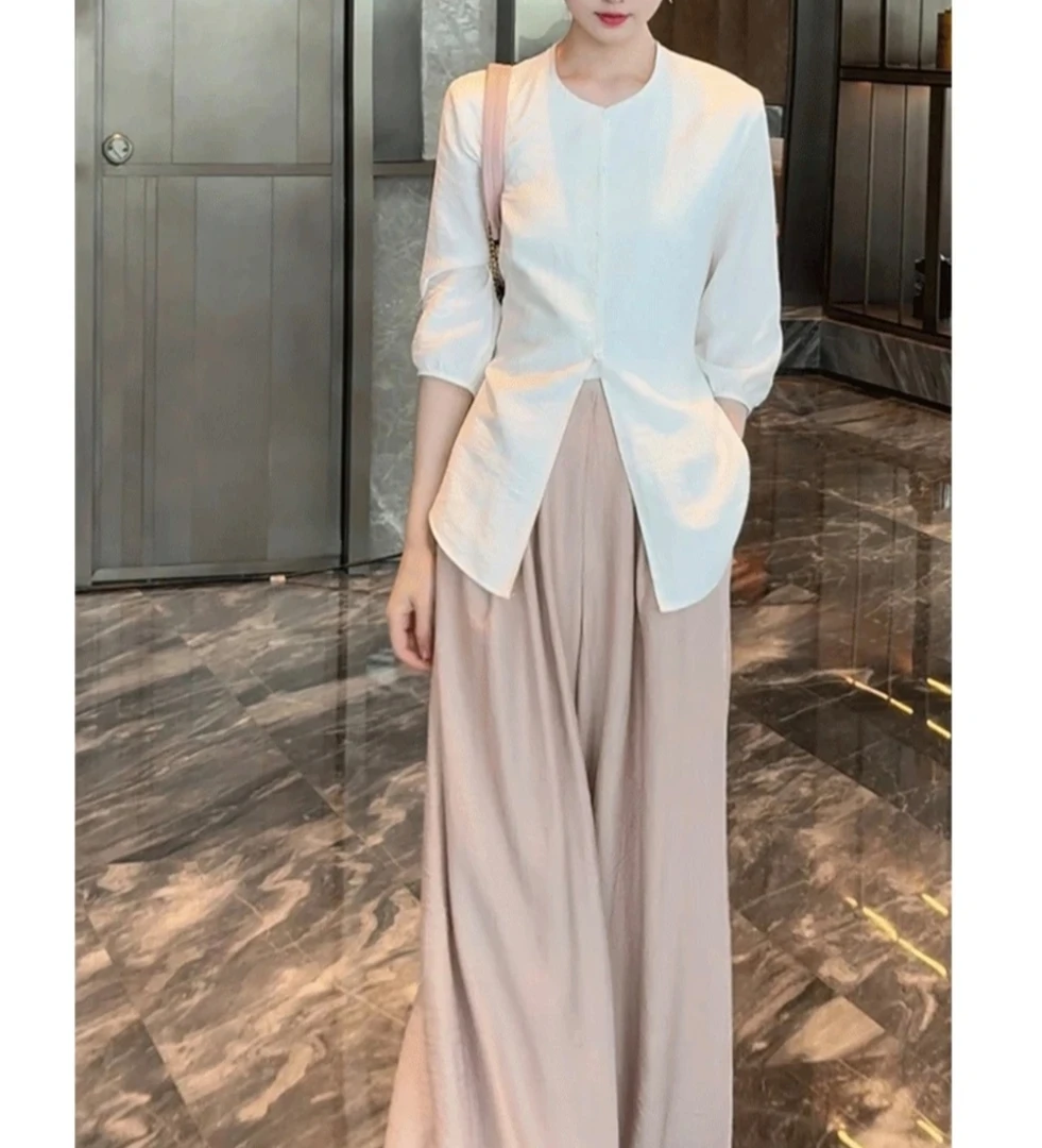 2025夏季新款高级感时尚气质白色圆领衬衫粉色宽松阔腿裤二件套